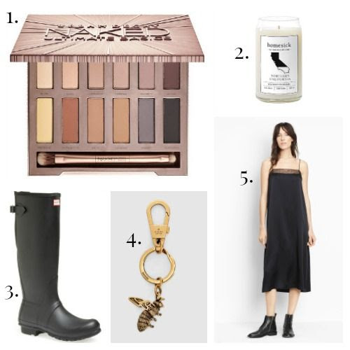 Urban Decay Eye Shadow - Homesick Candles - Hunter Boots - Gucci Key Ring - Vince Dress