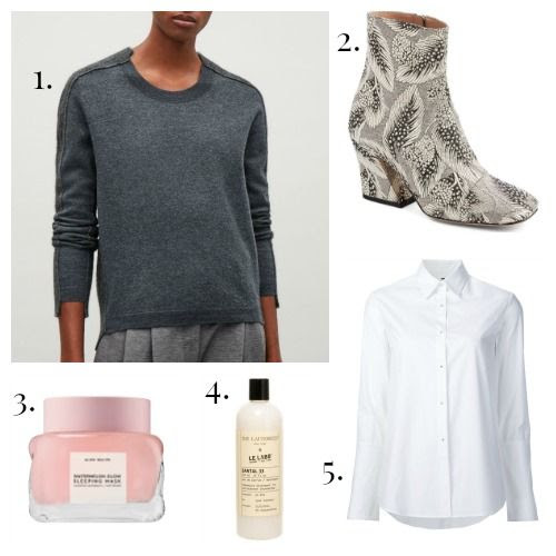 COS Sweater - Dried van Noten Boots - Glow Recipe Sleeping Mask - The Laundress Detergent - Misha Nonoo Shirt