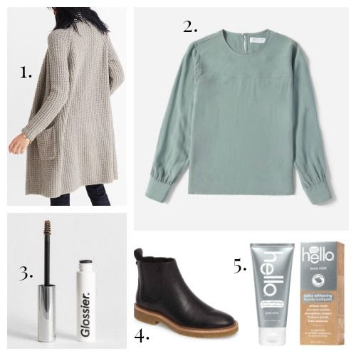 Madewell Sweater - Everlane Blouse - Glossier Boy Brow - Botkier Boots - Hello Toothpaste